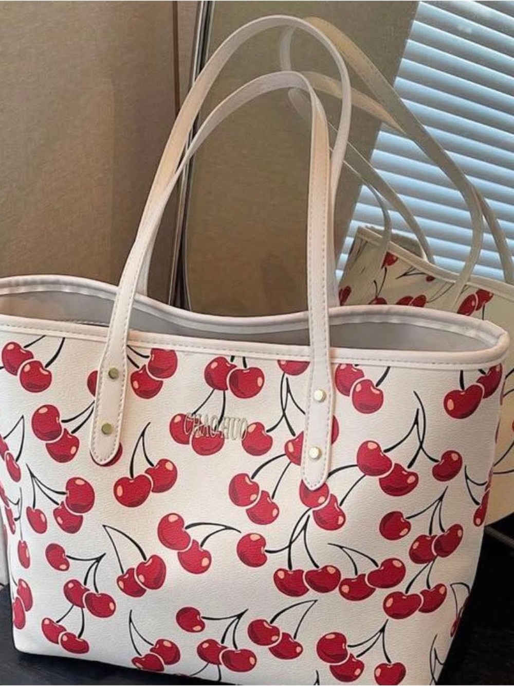 White Cherry Print Tote Bag - Fashion Handbag